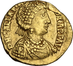 obverse: Galla Placidia, daughter of Theodosius I and mother of Valentinian III (died 450 AD).. AV Tremissis, Ravenna (or Rome) mint