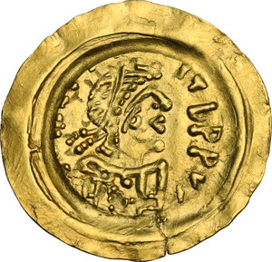 obverse: The Lombards, Lombardy. Uncertain king.. AV Tremissis. Pseudo-Imperial coinage in the name of Byzantine emperor Maurice Tiberius (582-602)