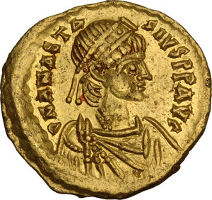 obverse: Anastasius I (491-518).. AV Tremissis, Constantinople mint