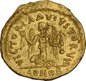 reverse: Anastasius I (491-518).. AV Tremissis, Constantinople mint