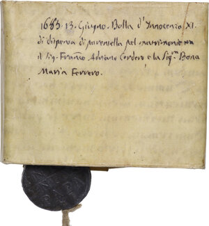 obverse: Roma.  Innocenzo XI (1676-1689), Benedetto Odescalchi.. Pergamena 1685 con bolla