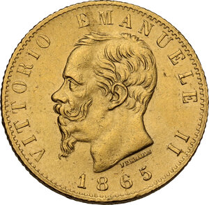 obverse: Vittorio Emanuele II  (1861-1878). 20 lire 1865 Torino, oro rosso
