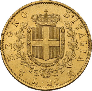 reverse: Vittorio Emanuele II  (1861-1878). 20 lire 1865 Torino, oro rosso