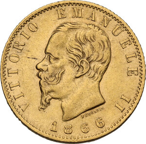 obverse: Vittorio Emanuele II  (1861-1878). 20 lire 1866 Torino