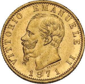 obverse: Vittorio Emanuele II  (1861-1878). 20 lire 1871 Roma