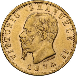 obverse: Vittorio Emanuele II  (1861-1878). 20 lire 1874 Milano