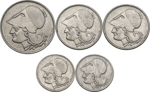 obverse: Greece.  Republic. Lot of five (5) coins: 50 lepta 1926, 1926B, drachma 1926, 1926B and 2 drachmai 1926