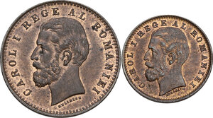 obverse: Romania.  Carol I (1881-1914). Lot of two (2) coins: 2 Bani and Ban 1900