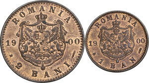 reverse: Romania.  Carol I (1881-1914). Lot of two (2) coins: 2 Bani and Ban 1900