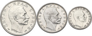 obverse: Serbia.  Peter I (1903-1918). Lot of three (3) coins: 2 dinara, dinar and 50 para 1915