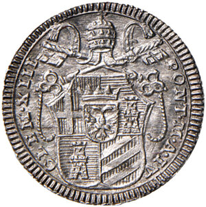 obverse: Roma. Clemente XIII (1758-1769). Mezzo grosso 1762 anno IV AG gr. 0,70. Muntoni 30a. Berman 2908.  Conservazione eccezionale, FDC 