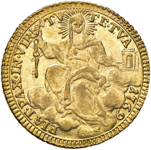 reverse: Roma. Clemente XIV (1769-1774). Zecchino 1769 anno I AV gr. 3,42. Muntoni 1. Berman 2928. Fondi lucenti, FDC  