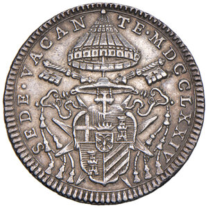 obverse: Roma. Sede Vacante 1774-1775 (Camerlengo card. Carlo Rezzonico). Quinto di scudo 1774 AG gr. 5,28. Muntoni 3. Berman 2947. SPL 