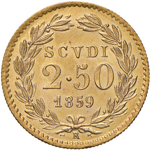 reverse: Roma. Pio IX (1846-1878). Da 2,50 scudi 1859 anno XIV AV. Pagani 368. Rara. q.FDC  