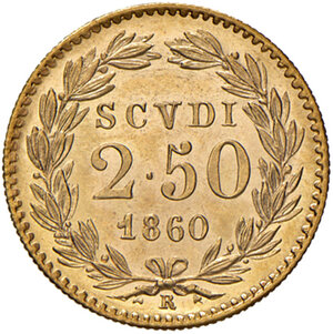 reverse: Roma. Pio IX (1846-1878). Da 2,50 scudi 1860 anno XIV AV. Pagani 369. Rara e in stato di conservazione eccezionale, FDC 