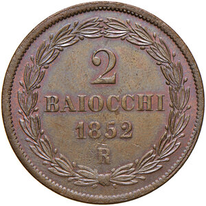 reverse: Roma. Pio IX (1846-1878). Da 2 baiocchi 1852 anno VI CU. Pagani 494. Iridescenze rosse, q.FDC  