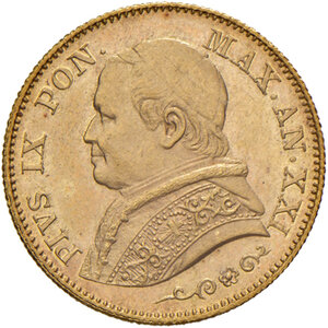 obverse: Roma. Pio IX (1846-1878). Monetazione decimale, 1866-1870. Da 20 lire 1866 anno XXI AV. Pagani 529. FDC 