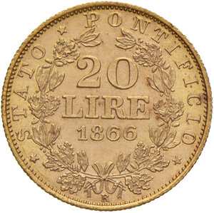 reverse: Roma. Pio IX (1846-1878). Monetazione decimale, 1866-1870. Da 20 lire 1866 anno XXI AV. Pagani 529. FDC 