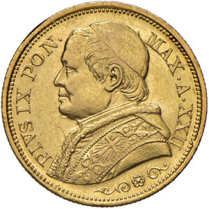 obverse: Roma. Pio IX (1846-1878). Monetazione decimale, 1866-1870. Da 20 lire 1867 anno XXII AV. Pagani 531. SPL/Migliore di SPL 