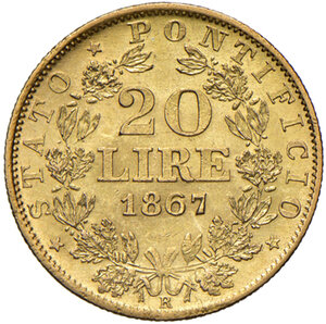 reverse: Roma. Pio IX (1846-1878). Monetazione decimale, 1866-1870. Da 20 lire 1867 anno XXII AV. Pagani 531. SPL/Migliore di SPL 