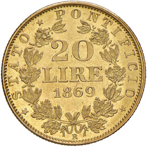 reverse: Roma. Pio IX (1846-1878). Monetazione decimale, 1866-1870. Da 20 lire 1869 anno XXIV AV. Pagani 536. q.FDC 