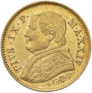 obverse: Roma. Pio IX (1846-1878). Monetazione decimale, 1866-1870. Da 10 lire 1869 anno XXIV AV. Pagani 529. Rara. q.FDC 