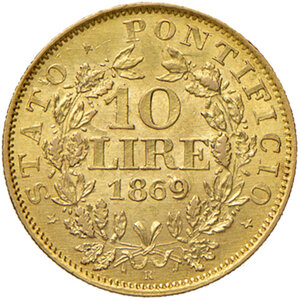 reverse: Roma. Pio IX (1846-1878). Monetazione decimale, 1866-1870. Da 10 lire 1869 anno XXIV AV. Pagani 529. Rara. q.FDC 