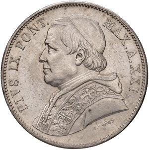 obverse: Roma. Pio IX (1846-1878). Monetazione decimale, 1866-1870. Da 5 lire 1867 anno XXI AG. Pagani 548. Rara. Migliore di SPL 