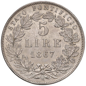 reverse: Roma. Pio IX (1846-1878). Monetazione decimale, 1866-1870. Da 5 lire 1867 anno XXI AG. Pagani 548. Rara. Migliore di SPL 