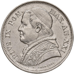 obverse: Roma. Pio IX (1846-1878). Monetazione decimale, 1866-1870. Da 2 lire e mezzo 1867 anno XXI AG. Pagani 552. Rara. q.FDC 