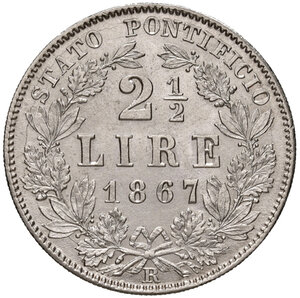 reverse: Roma. Pio IX (1846-1878). Monetazione decimale, 1866-1870. Da 2 lire e mezzo 1867 anno XXI AG. Pagani 552. Rara. q.FDC 