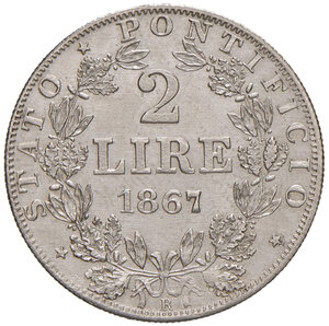 reverse: Roma. Pio IX (1846-1878). Monetazione decimale, 1866-1870. Da 2 lire 1867 anno XXII AG. Pagani 558. q.FDC 