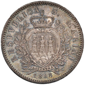 obverse: Repubblica di San Marino. I periodo: 1864-1938. Da 5 lire 1898 AG. Pagani 357. Rara. Patina di medagliere su fondi lucenti, FDC 