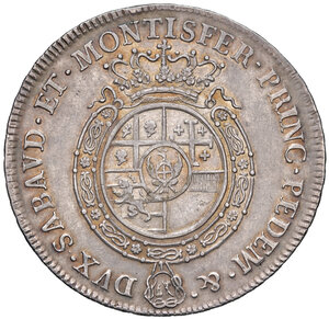 reverse: Savoia. Carlo Emanuele III (1730-1773). Nuova monetazione: 1755-1773. Scudo 1765 (Torino) AG gr. 35,03. MIR 946h. Bella patina di medagliere, q.SPL 600
