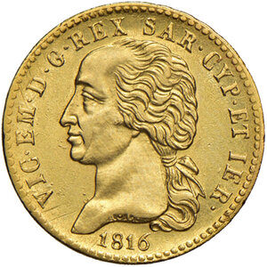 obverse: Savoia. Vittorio Emanuele I (1802-1821). Da 20 lire 1816 (Torino) AV. Pagani 4. MIR 1028a. Molto rara. Fondi lucenti, SPL/q.SPL 