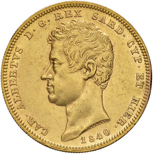 obverse: Savoia. Carlo Alberto (1831-1849). Da 100 lire 1840 (Genova) AV. Pagani 149. MIR 1043k.  Rara. Colpetto ripreso, altrimenti migliore di BB 