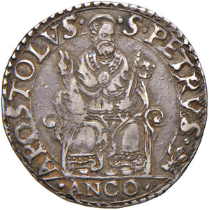 reverse: Ancona. Pio IV (1559-1565). Testone AG gr. 9,60. Muntoni 49. Berman 1072. Dubbini-Mancinelli pag. 144 (2° tipo). MIR 1060/8. Villoresi 272 a) var. 1. Migliore di BB 