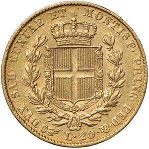 reverse: Savoia. Carlo Alberto (1831-1849). Da 20 lire 1832 (Torino) AV. Pagani 176a. MIR 1045f. Rara. Migliore di BB 