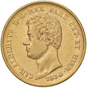 obverse: Savoia. Carlo Alberto (1831-1849). Da 20 lire 1834 senza segno di zecca AV. Pagani 180a. MIR 1045j. Rara. Migliore di BB 