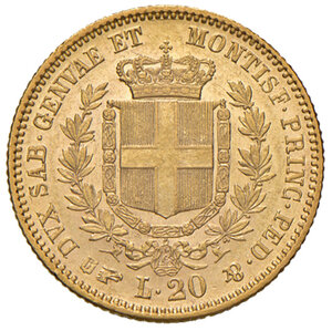 reverse: Savoia. Vittorio Emanuele II re di Sardegna (1849-1861). Da 20 lire 1855 (Torino) AV. Pagani 347a. MIR 1055m. Variante con EMMANVEL H. SPL 