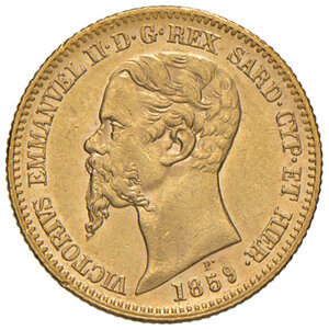 obverse: Savoia. Vittorio Emanuele II re di Sardegna (1849-1861). Da 20 lire 1859 (Genova) AV. Pagani 354. MIR 1055t.  Segnetti al dr., altrimenti migliore di SPL 