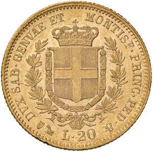 reverse: Savoia. Vittorio Emanuele II re di Sardegna (1849-1861). Da 20 lire 1859 (Genova) AV. Pagani 354. MIR 1055t.  Segnetti al dr., altrimenti migliore di SPL 