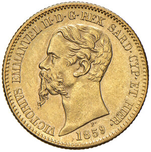 obverse: Savoia. Vittorio Emanuele II re di Sardegna (1849-1861). Da 20 lire 1859 (Torino) AV. Pagani 355. MIR 1055u. SPL 