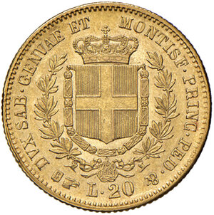 reverse: Savoia. Vittorio Emanuele II re di Sardegna (1849-1861). Da 20 lire 1859 (Torino) AV. Pagani 355. MIR 1055u. SPL 