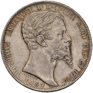 obverse: Savoia. Vittorio Emanuele II re di Sardegna (1849-1861). Da 5 lire 1859 (Genova) AG. Pagani 387. MIR 1057r.  Rara. q.SPL