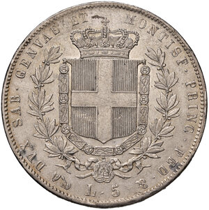 reverse: Savoia. Vittorio Emanuele II re di Sardegna (1849-1861). Da 5 lire 1859 (Genova) AG. Pagani 387. MIR 1057r.  Rara. q.SPL