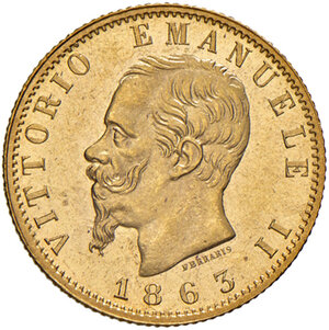 obverse: Savoia. Vittorio Emanuele II re d’Italia (1861-1878). Da 20 lire 1863 (Torino) AV. Pagani 457. MIR 1078d. Fondi speculari, FDC 
