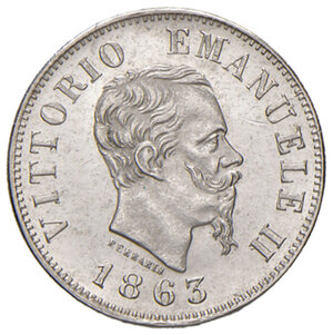 obverse: Savoia. Vittorio Emanuele II re d’Italia (1861-1878). Da 50 centesimi 1867 (Milano) AG. Pagani 527. MIR 1088a.  FDC 