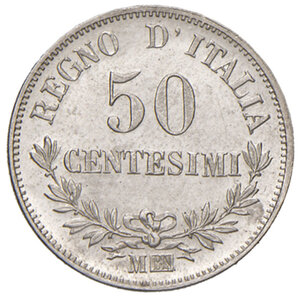 reverse: Savoia. Vittorio Emanuele II re d’Italia (1861-1878). Da 50 centesimi 1867 (Milano) AG. Pagani 527. MIR 1088a.  FDC 