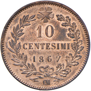 reverse: Savoia. Vittorio Emanuele II re d’Italia (1861-1878). Da 10 centesimi 1867 (Parigi) CU. Pagani 550 (Strasburgo). MIR 1092m (Strasburgo).  FDC 